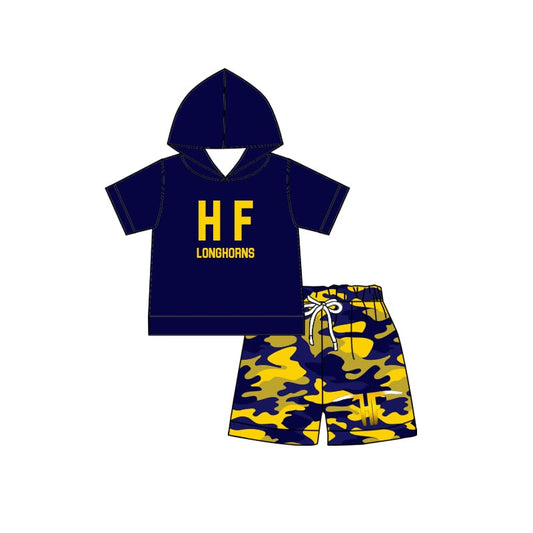 Preorder (moq 5)Baby Boys HF Longhorns Hooded Top Camo Shorts Clothes Sets