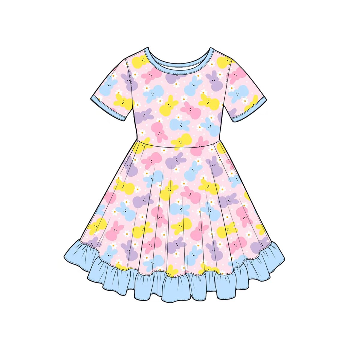 Preorder(moq5) Cute Easter Girls Short Sleeve Ruffled Hem A-Line Dress