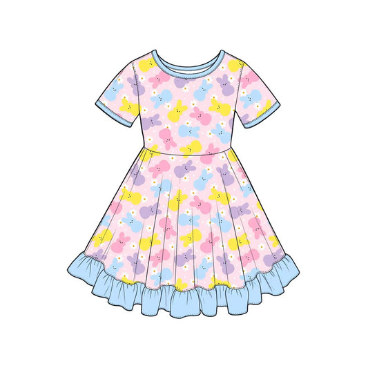 Preorder(moq5) Cute Easter Girls Short Sleeve Ruffled Hem A-Line Dress