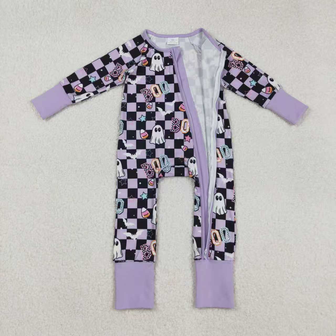 Sibling Baby Girls Black Lavender Checked Ghosts Halloween Pajamas Sets Zipper Footie Rompers