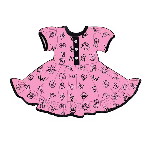 Baby Girls Pink Words Western Knee Length Dresses Preorder(moq 5)