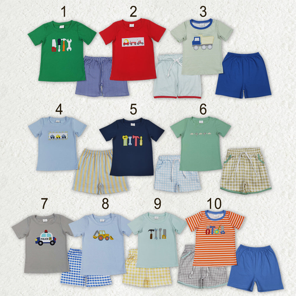 Sibling Baby Boys Embroidery Tools Cars Excavators Top Pockets Shorts Clothes Sets