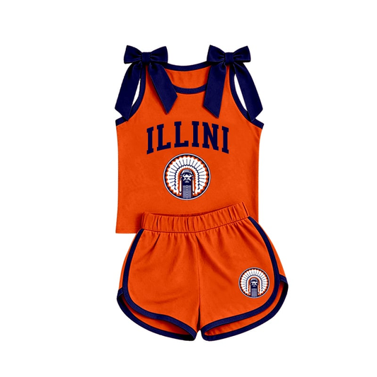 Preorder (moq 5)Baby Girls ILLINI Bows Sleeveless Top Shorts Team Clothes Sets