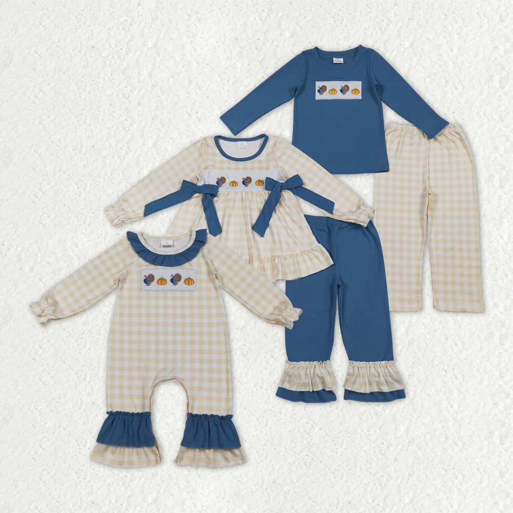 Sibling Embroidery Turkey Pumpkins Baby Boys Girls Thanksgiving Clothes Sets Ruffle Footie Rompers
