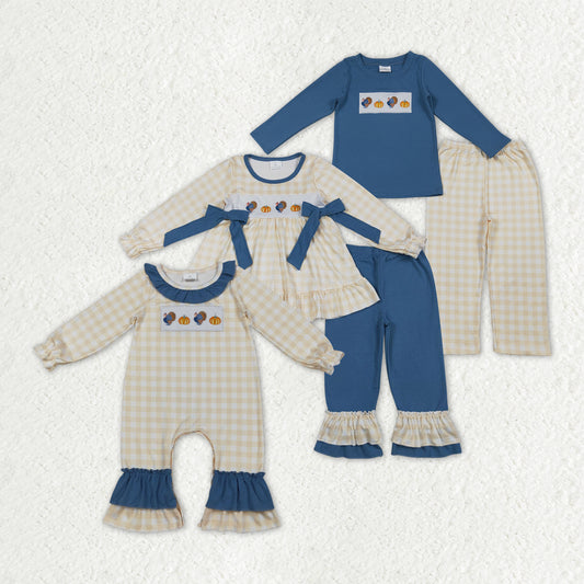 Sibling Embroidery Turkey Pumpkins Baby Boys Girls Thanksgiving Clothes Sets Ruffle Footie Rompers