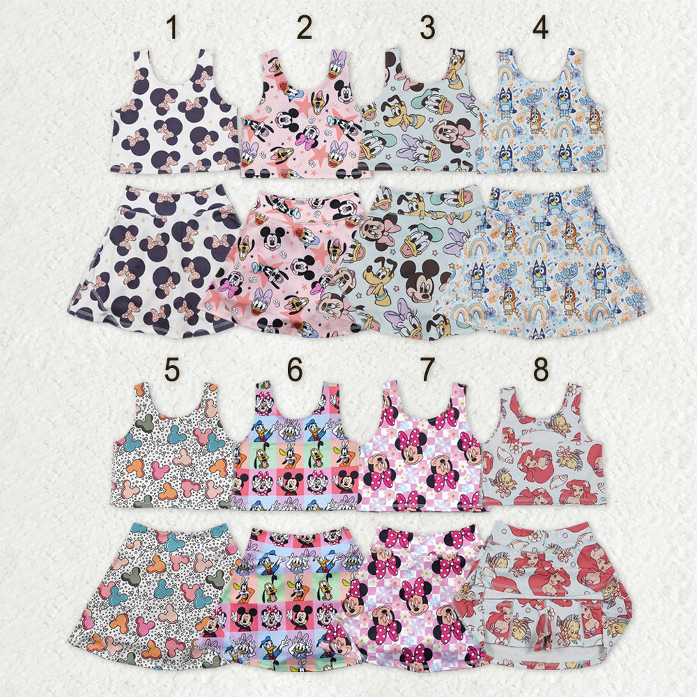 Sibling Baby Girls Cartoon Mouse Ducks Top Skorts Yoga Activity Wear Sets