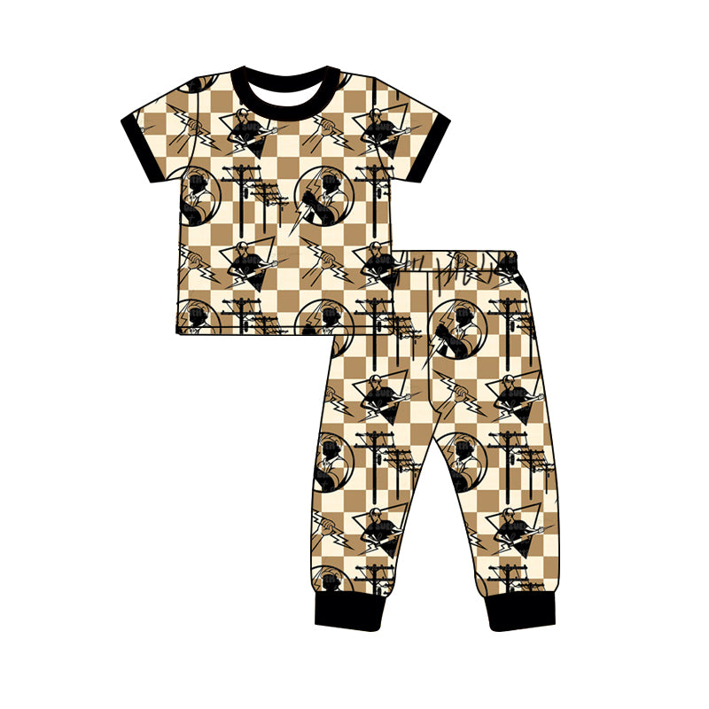 Baby Boys Line Man Checkered Top Pants Pajamas Kids Clothing Sets preorder(MOQ 5)