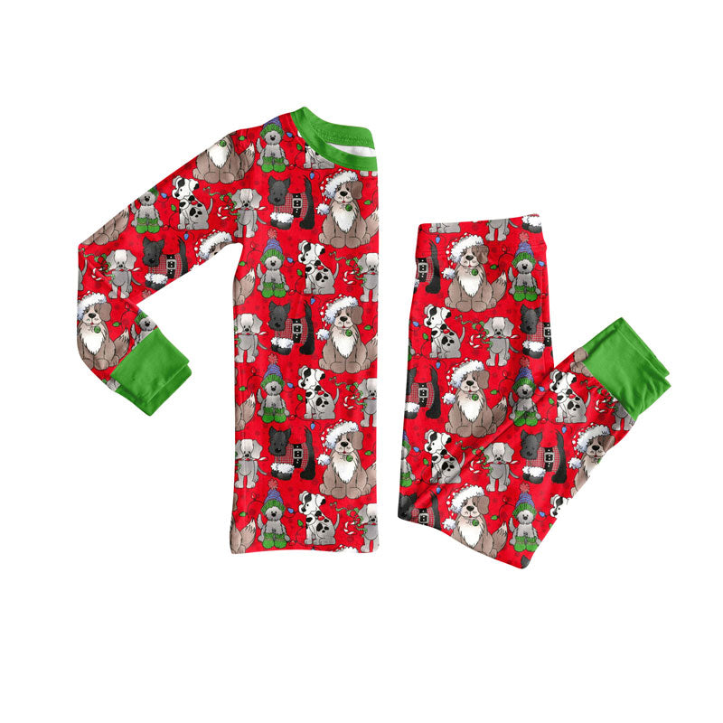 Preorder (moq 20)Baby Boys Bamboo Red Dogs Lights Plaid Christmas Pajamas Sets