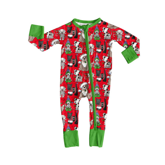 Preorder (moq 20)Baby Boys Bamboo Red Dogs Lights Plaid Christmas Zippy Footie Rompers