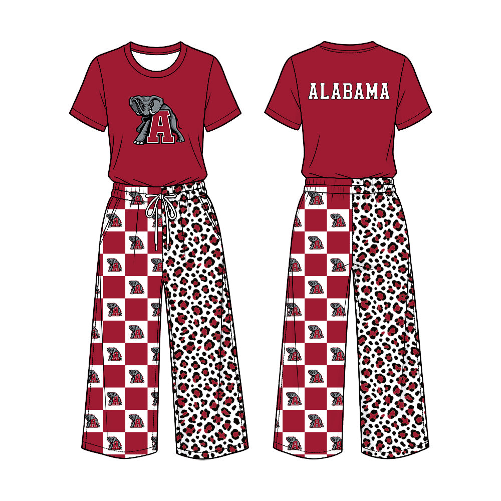 Preorder (moq 5) Baby Girl Clothes Alabama Elephant Checker Leopard Mixed Print Short Sleeve Top Wide Leg Pant Outfit Set