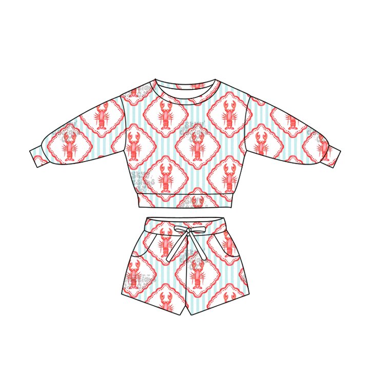 Preorder (moq 5) Baby Girl Clothes Light Blue Stripe Lobster Frame Print Long Sleeve Crop Top Shorts Outfit Set
