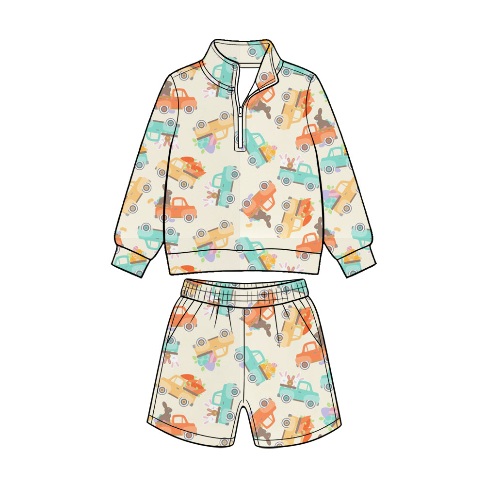 Preorder (moq 5) Baby Boy Clothes Easter Truck Bunny Egg Print Long Sleeve Quarter Zip Top Short Set