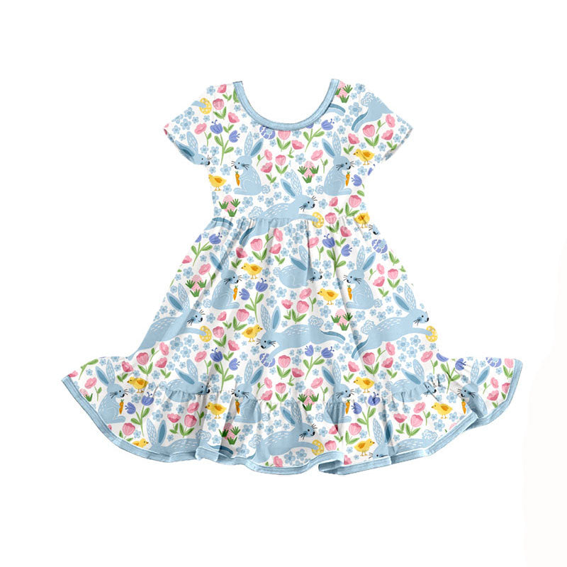 Preorder(moq 8)Baby Girls Short Sleeve Flowers Rabbits Easter Ruffle Knee Length Dresses