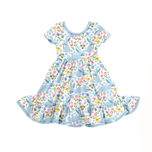 Preorder(moq 8)Baby Girls Short Sleeve Flowers Rabbits Easter Ruffle Knee Length Dresses