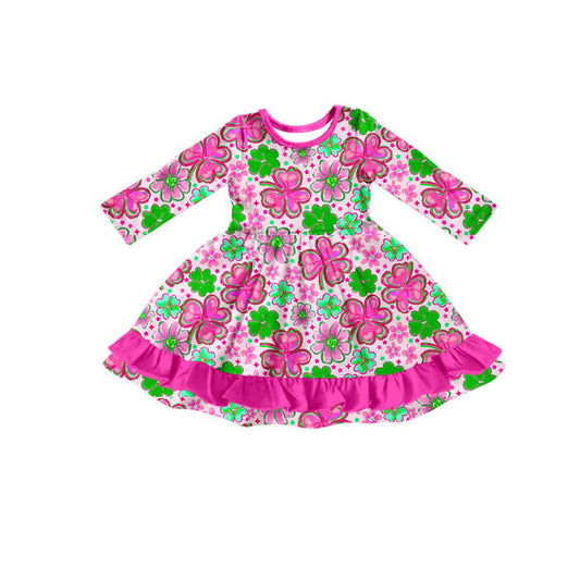 Preorder(moq 8)Baby Girls Pink Green Clovers Flowers St Patrick Ruffle Knee Length Dress