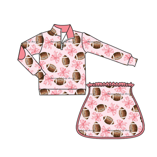 Preorder (moq 5)Baby Girls Bows Footballs Zip Pullovers Skirt Short Team Clothes Sets