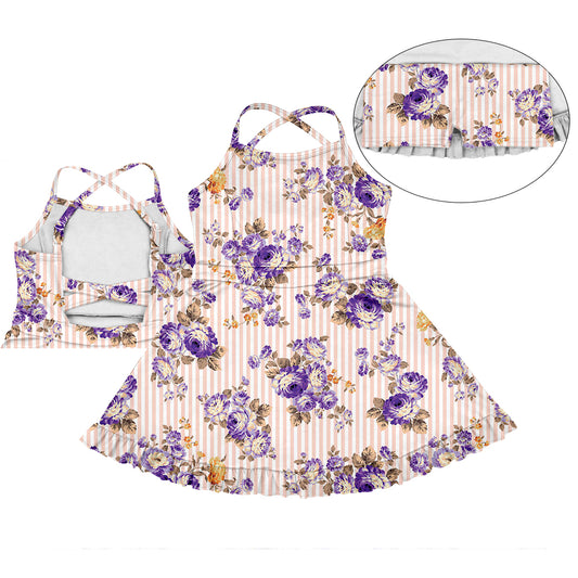 Preorder (moq 5)Baby Girls Peach Stripe Purple Flowers Yoga Active Skort Dress