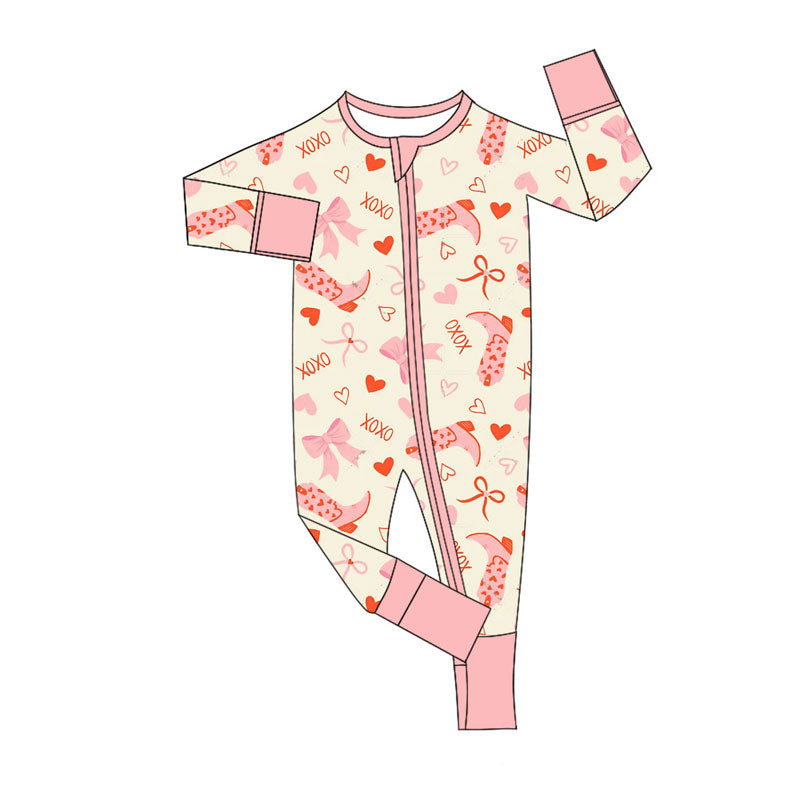 Preorder (moq 8)Baby Girls Hearts Boots XOXO Valentine Zipper Footie Rompers