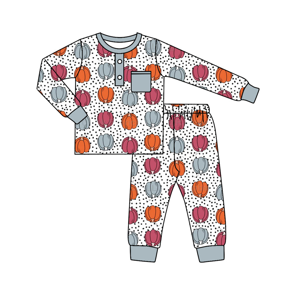 Preorder (moq 5)Baby Boys Pumpkins Polka Dots Button Pocket Top Pants Fall Pajamas Set
