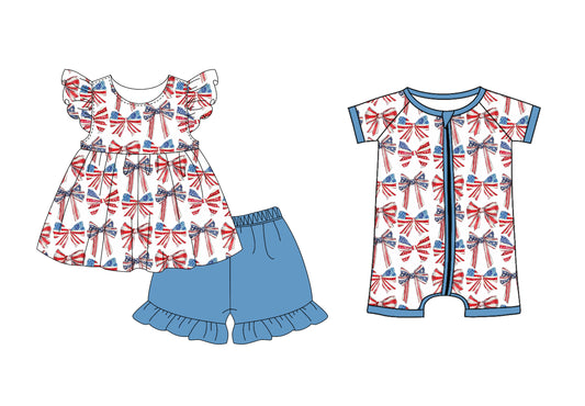 Preorder moq 5 Custom Baby Kids Blue Red Bows Tunic Ruffle Short 4th Of July Set Zipper Rompers