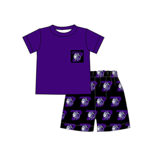 Preorder (moq 5)Baby Boys Black Purple Pocket Top Shorts Team Clothes Sets