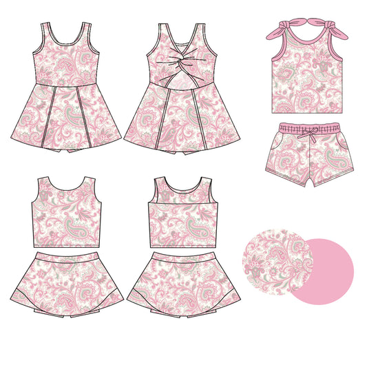 Preorder moq 5 Custom Baby Girls Pink Sleeveless Water Plants Top Skort Set Knee Length Dress Pockets Short Set