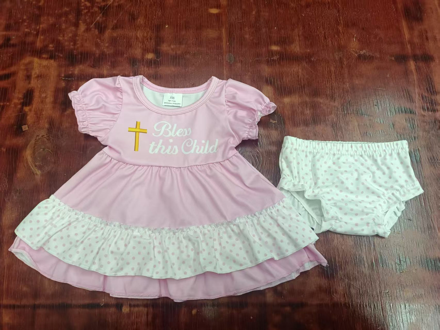 Preorder moq 5 Baby Girls Pink Short Ruffle Sleeves Cross Tunic Polka Dots Bummies Easter Set