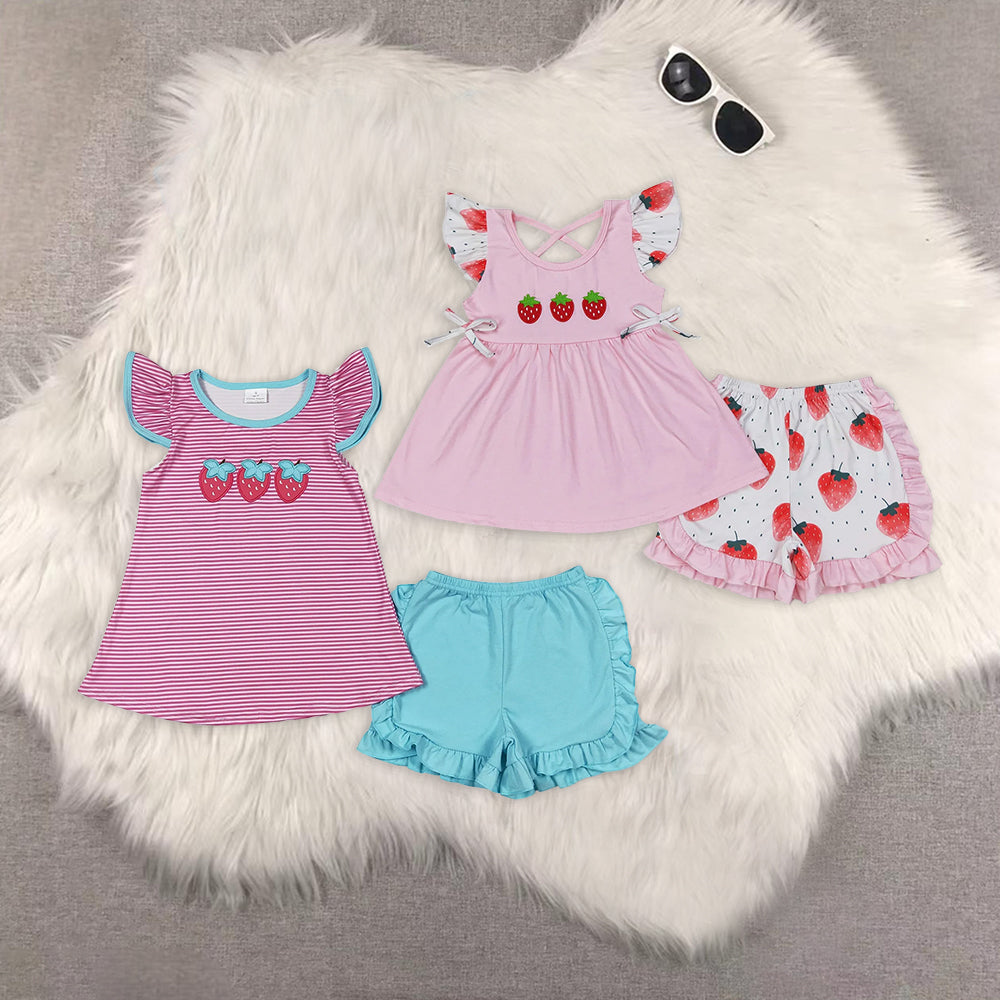 Sibling Baby Girls Flutter Sleeve Embroidery Strawberry Tunic Top Ruffle Shorts Clothes Set