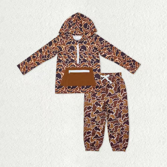 Baby Boys Orange Brown Camo Pockets Zipper Hoodies Jogger Pants Western Clothes Sets