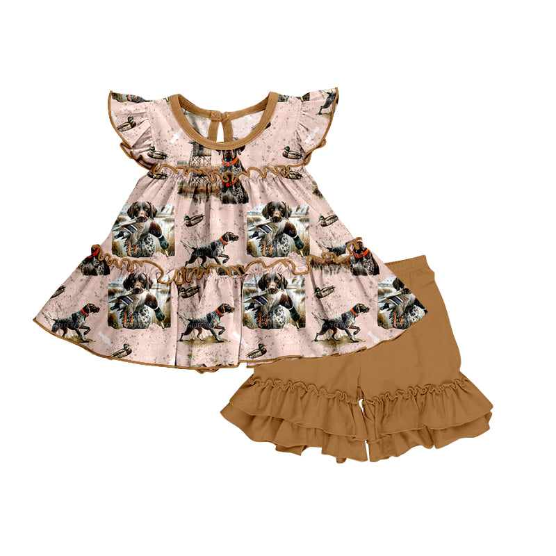 Baby Girls Toddler Dog Hunting Brown Flutter Sleeve Tunic Top Ruffle Shorts Sets preorder(moq 5)