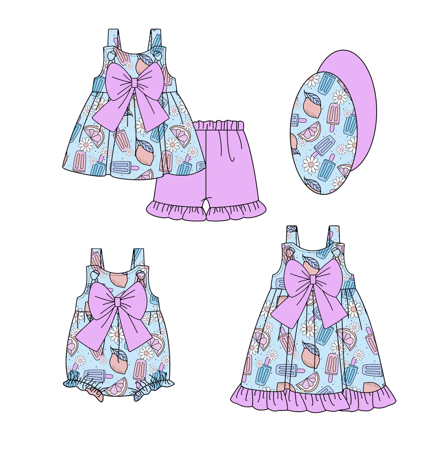 Preorder moq 5 Custom Baby Girls Lavender Strap Flowers Popsicle Bow Tunic Ruffle Short Set Knee Length Dress Rompers