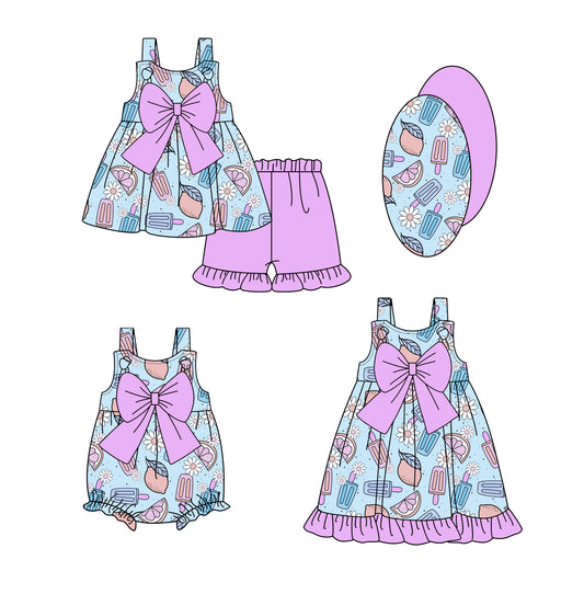 Preorder moq 5 Custom Baby Girls Lavender Strap Flowers Popsicle Bow Tunic Ruffle Short Set Knee Length Dress Rompers