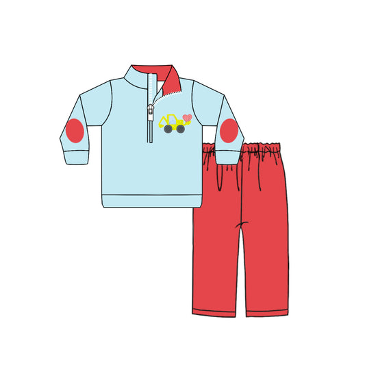 Baby Boys Valentines Tractor Print Zip Top Pants Outfits Clothes Sets preorder(MOQ 5)