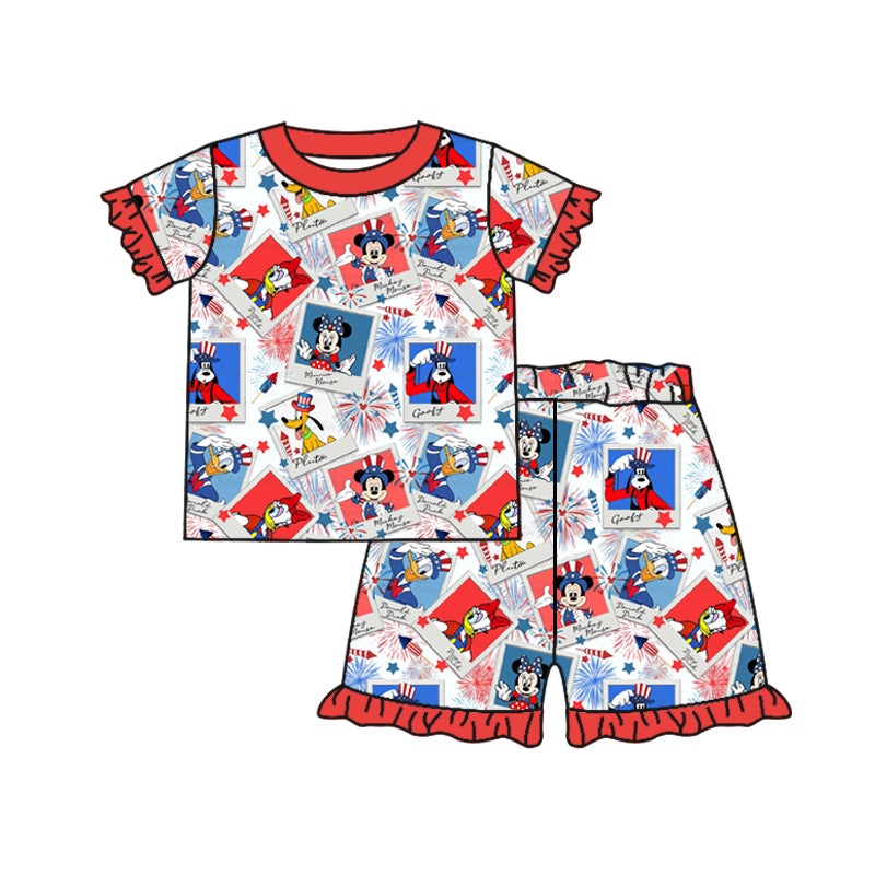 Baby Girls Red 4th Of July Cartoon Mouse Shirt Shorts Pajamas Clothes Sets preorder(moq 5)