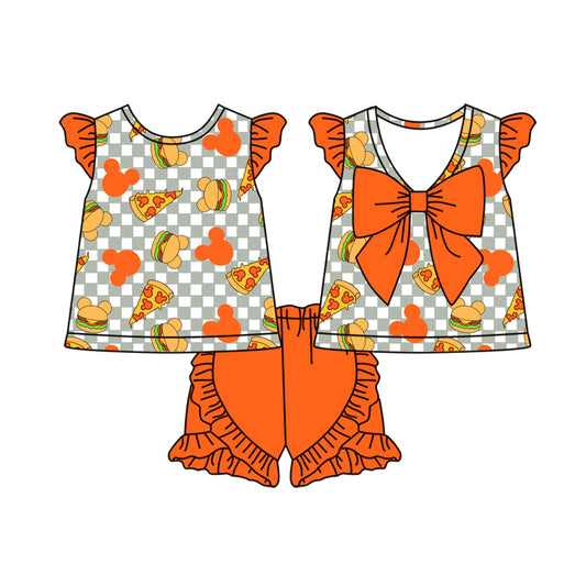 Baby Girls Pizza Cartoon Bows Top Ruffle Shorts Clothes Sets Preorder(MOQ 5)