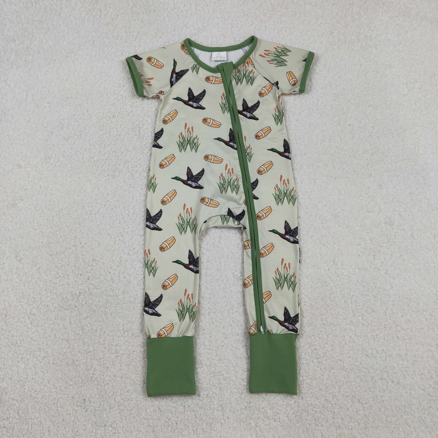 Baby Boys Green Ducks Calls Hunting Two Way Zip Convertible Rompers