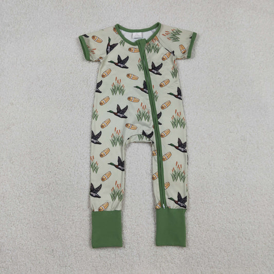 Baby Boys Green Ducks Calls Hunting Two Way Zip Convertible Rompers