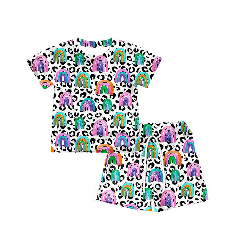 Baby Girls Leopard Rainbow Short Sleeve Top Shorts Pajamas Clothes Sets Preorder(moq 5)