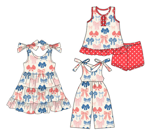 Preorder moq 5 Custom Baby Girls Blue Red Bows Button Tunic Polka Dots Short 4th Of July Set Knee Length Dress Jumpsuits