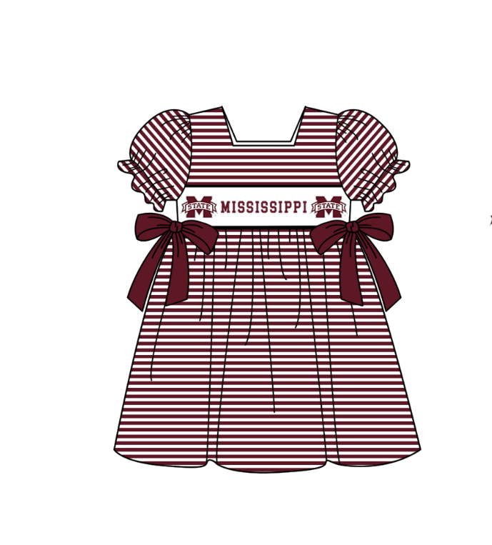 Preorder (moq 5)Baby Girls Short Ruffle Sleeve Red Stripe Mississippi Team Knee Length Dress