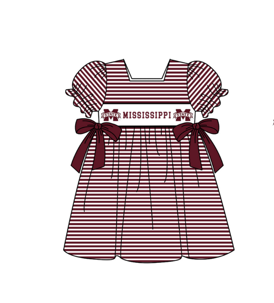 Preorder (moq 5)Baby Girls Short Ruffle Sleeve Red Stripe Mississippi Team Knee Length Dress