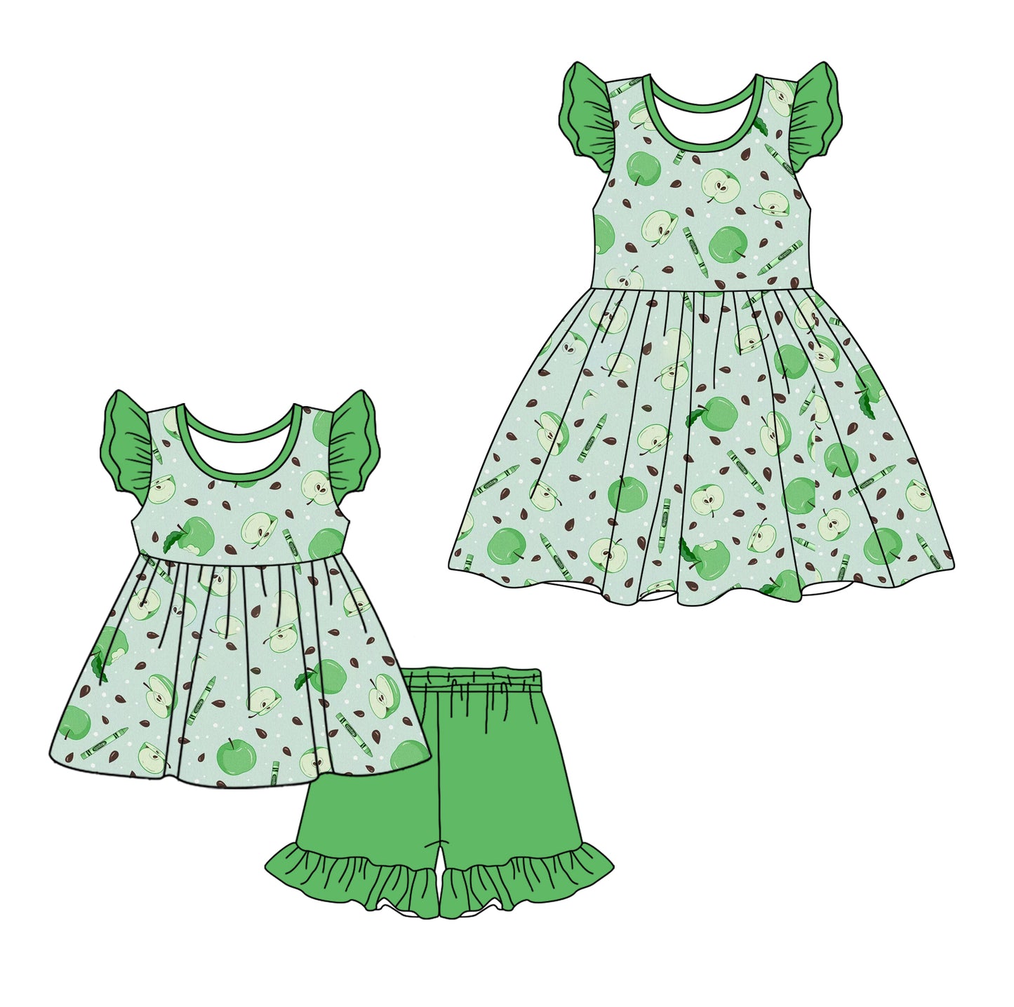 Preorder moq 5 Custom Baby Girls Green Apples Pencils Tunic Ruffle Short Set Knee Length Dresses