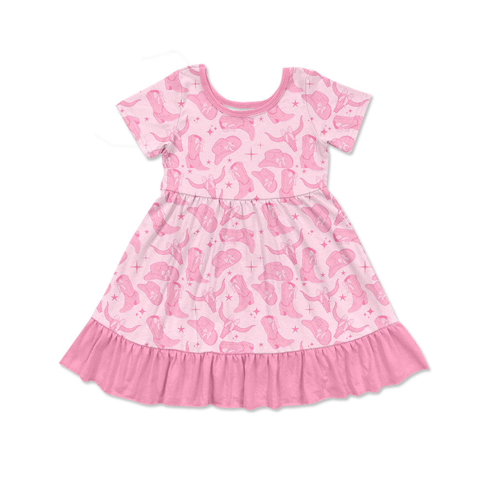 Baby Girls Western Pink Cowgirl Ruffles Knee Length Dresses preorder(MOQ 5)