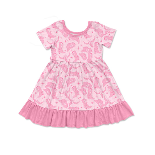 Baby Girls Western Pink Cowgirl Ruffles Knee Length Dresses preorder(MOQ 5)