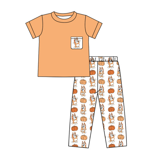 Baby Boys Orange Pumpkin Dog Shirt Top Pants Clothes Sets preorder(moq 5)