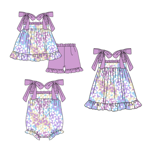 Preorder(moq 5 each)Sibling Baby Girls Lavender Flowers Tie Romper Dress Shorts Sets