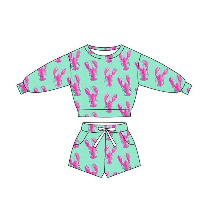 Preorder (moq 5) Baby Girl Clothes Solid Mint Pink Lobster Print Long Sleeve Crop Top Shorts Outfit Set
