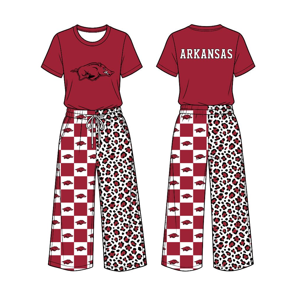 Preorder (moq 5) Baby Girl Clothes Arkansas Razorbacks Boar Checker Leopard Mixed Print Short Sleeve Top Wide Leg Pant Outfit Set