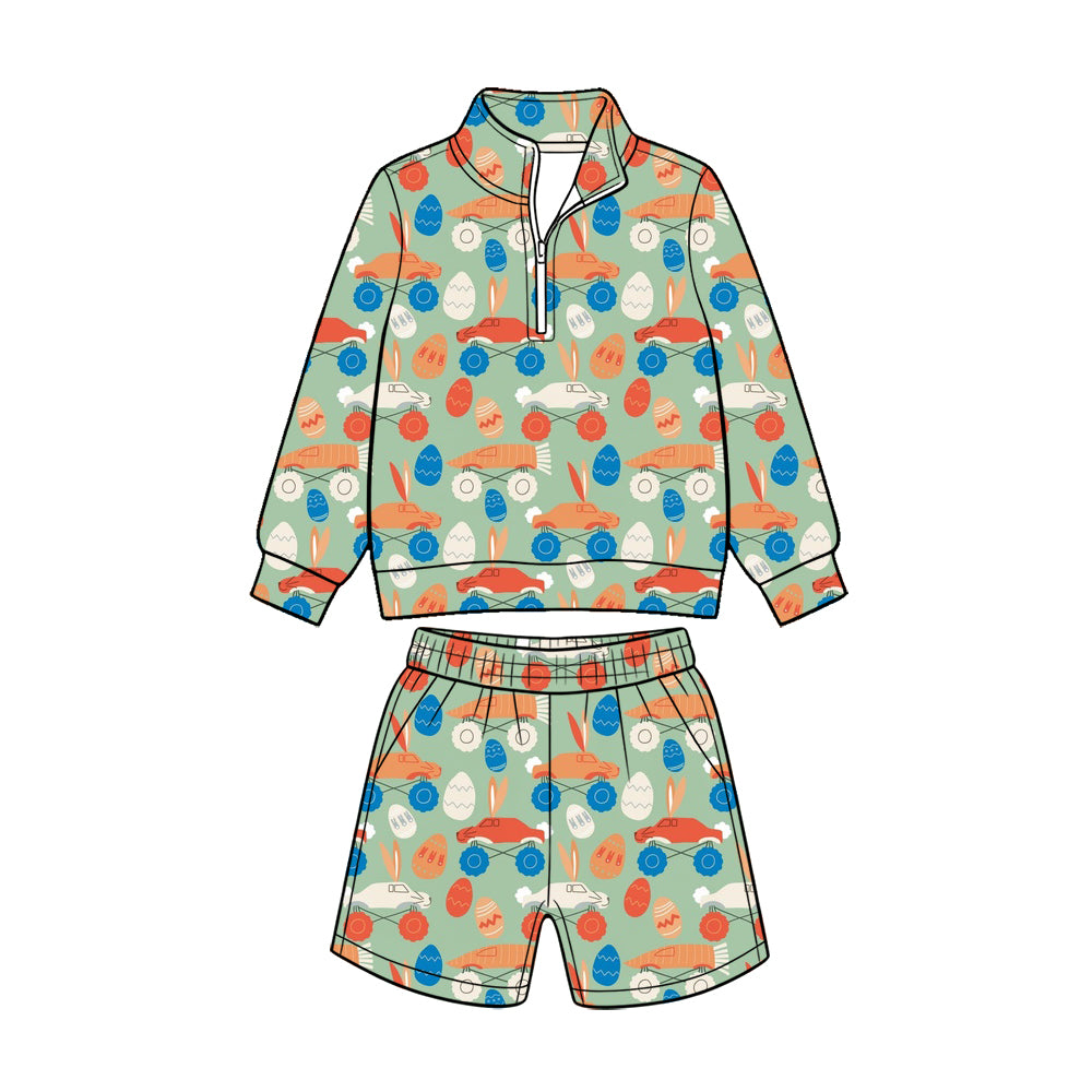 Preorder (moq 5) Baby Boy Clothes Easter Race Car Bunny Egg Print Long Sleeve Quarter Zip Top Short Set