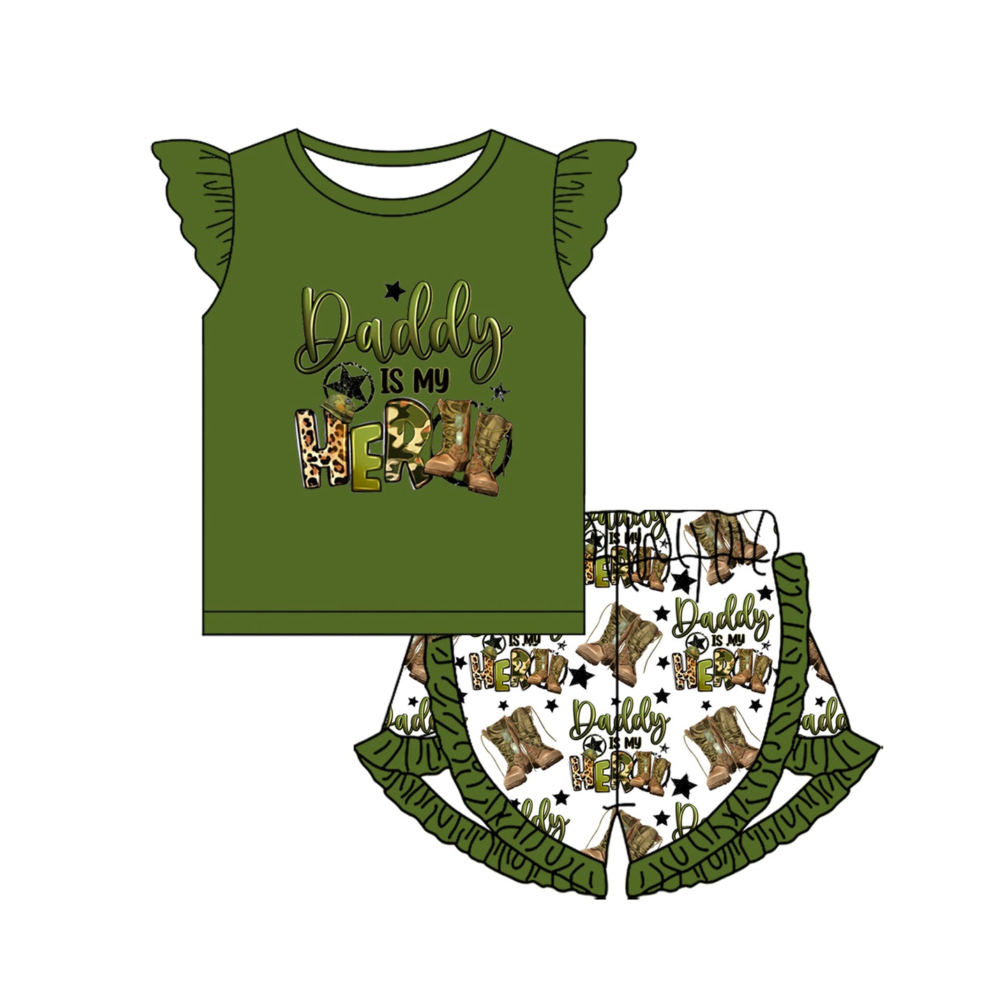Preorder (moq 5)Baby Girls Daddy is my hero Top Ruffle Shorts Clothes Sets